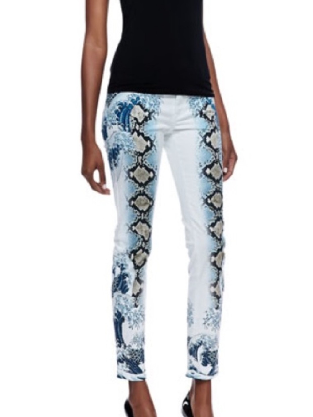 Just Cavalli White Jeans with Blue Wave & Snake Print